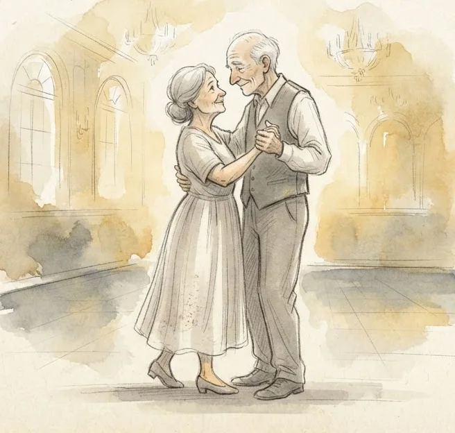 An older couple dancing together